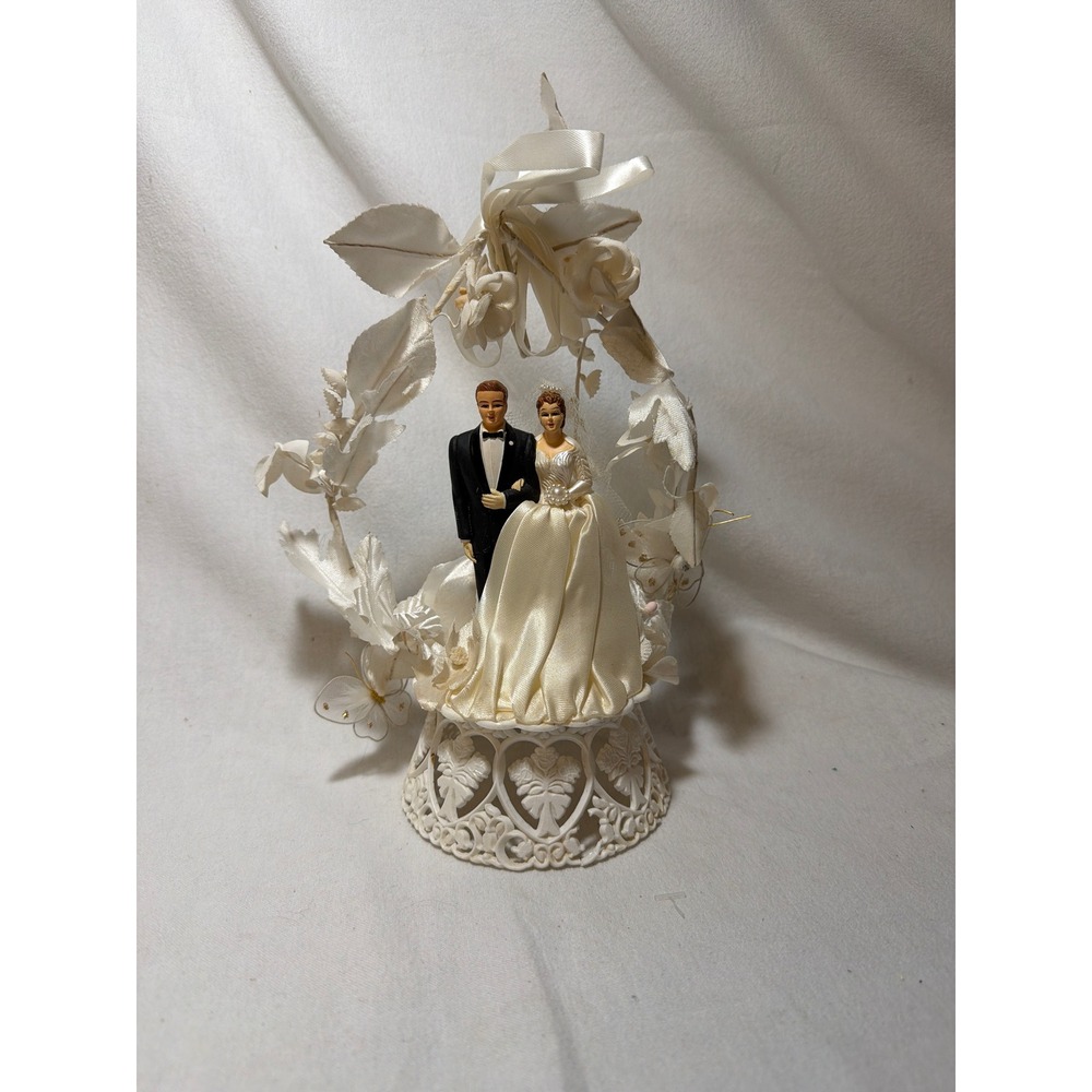 Vintage Wedding Cake Topper Bride and Groom Figurine Floral Arch Filigree Base